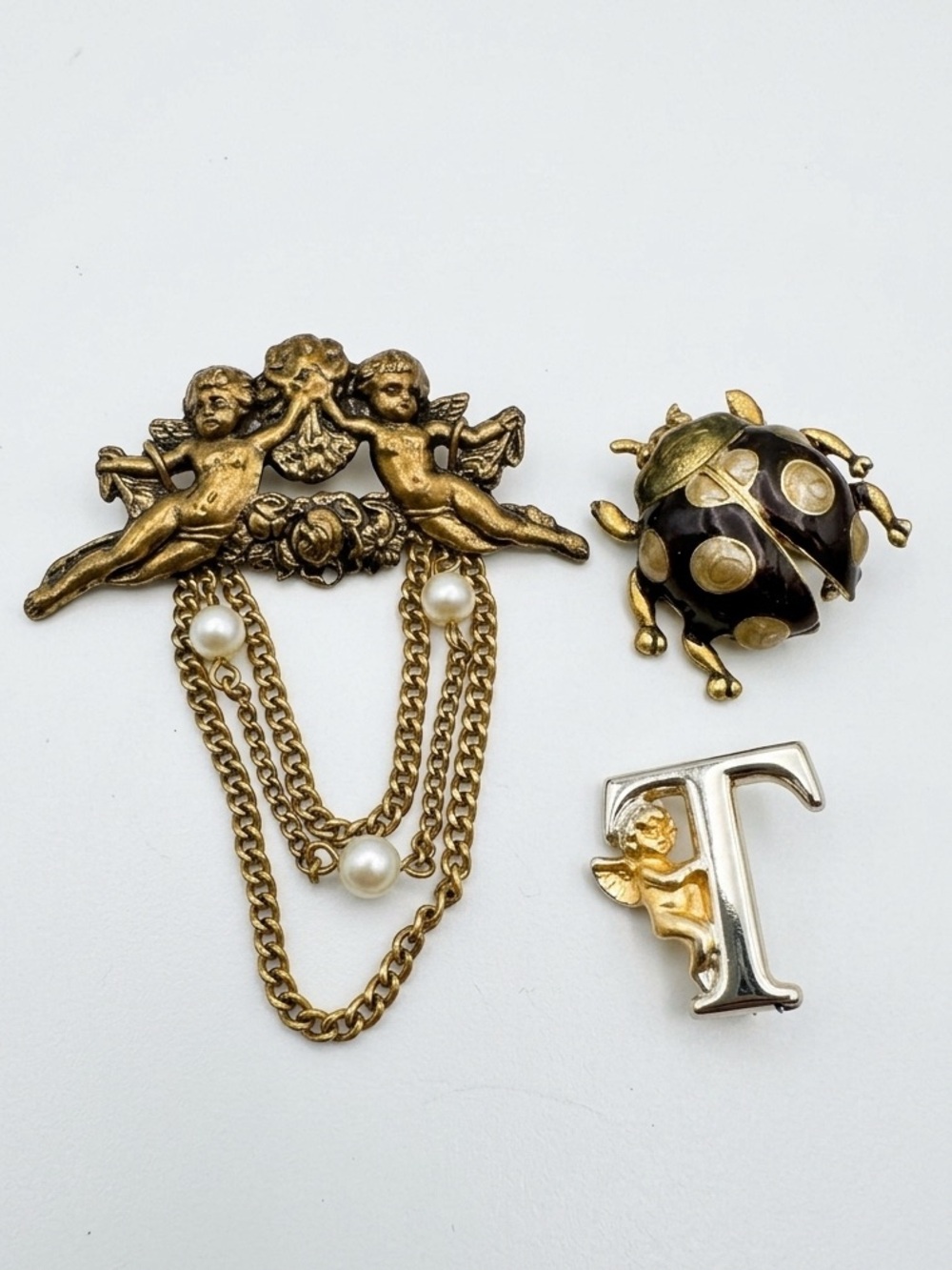 Vintage Cherub Chain Brooches with Pearl and Bug 🐞 brooch lot